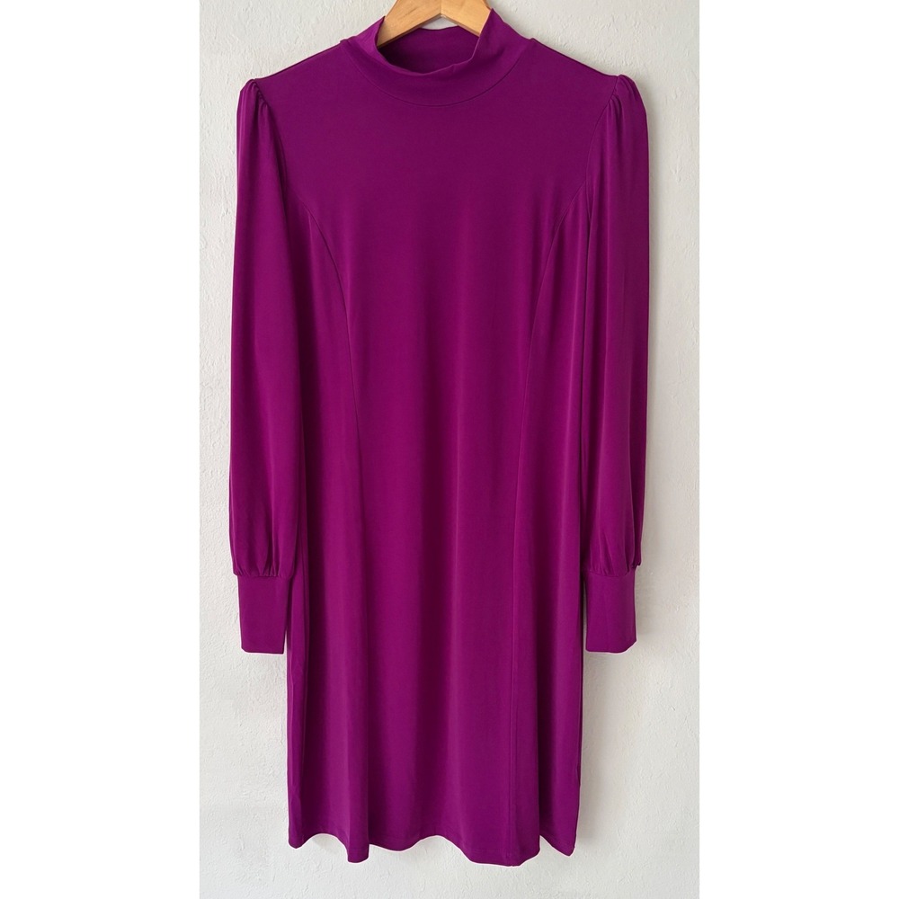Susan Graver Liquid Knit Royal Purple Mock Neck Blouson Sleeve Dress M Shift